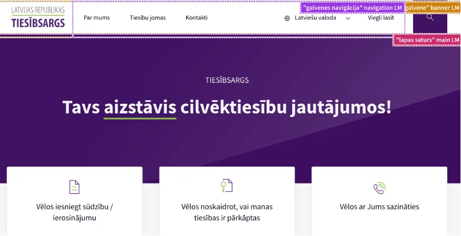 Latvijas tīmekļvietnes ekrānšāviņš ar pamatstruktūras elementiem.